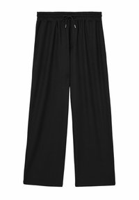 Pantaloni negri, cu picioare largi, cu o textură ribbed, talie elastică și închidere cu șnur. Au un croi lejer și nu au buzunare.