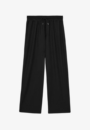 Fekete, széles lábú nadrág bordázott textúrával, elasztikus derékpánttal és zsinóros záródással. Lazább szabású, zsebek nélkül.