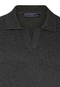 Suéter gris con cuello clásico, que presenta una tela de punto texturizada y un escote en V. La etiqueta dice "FELIX HARDY."