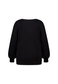 Zwarte trui met ballonmouwen versierd met kleine zilveren versieringen. Klassieke ronde halslijn en geribde boorden op de mouwen.