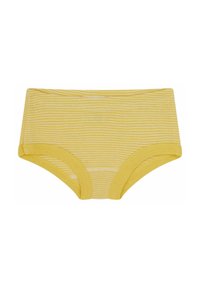 Gelbe gestreifte Baumwollslips mit elastischem Bund und Beinausschnitten. Weiche Textur und einfaches Design mit kontrastierenden Streifen.