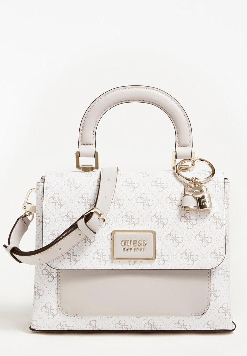 White handbag with a textured pattern, gold hardware, top handle and detachable shoulder strap. Features a logo plate and decorative padlock.