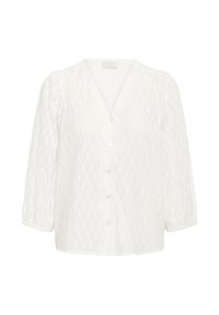 Blouse blanche texturée avec un décolleté en V, des manches longues bouffantes et cinq boutons sur le devant.