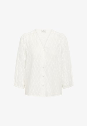 Balta tekstūruota bluzonė su V formos iškirpte, ilgomis pūstomis rankovėmis ir penkiais mygtukais priekyje.