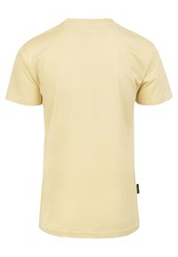 Kurzärmliges T-Shirt aus hellgelber Baumwolle. Mit rundem Ausschnitt und kleinem Logo auf der Rückseite, mit glatter, schlichter Textur.