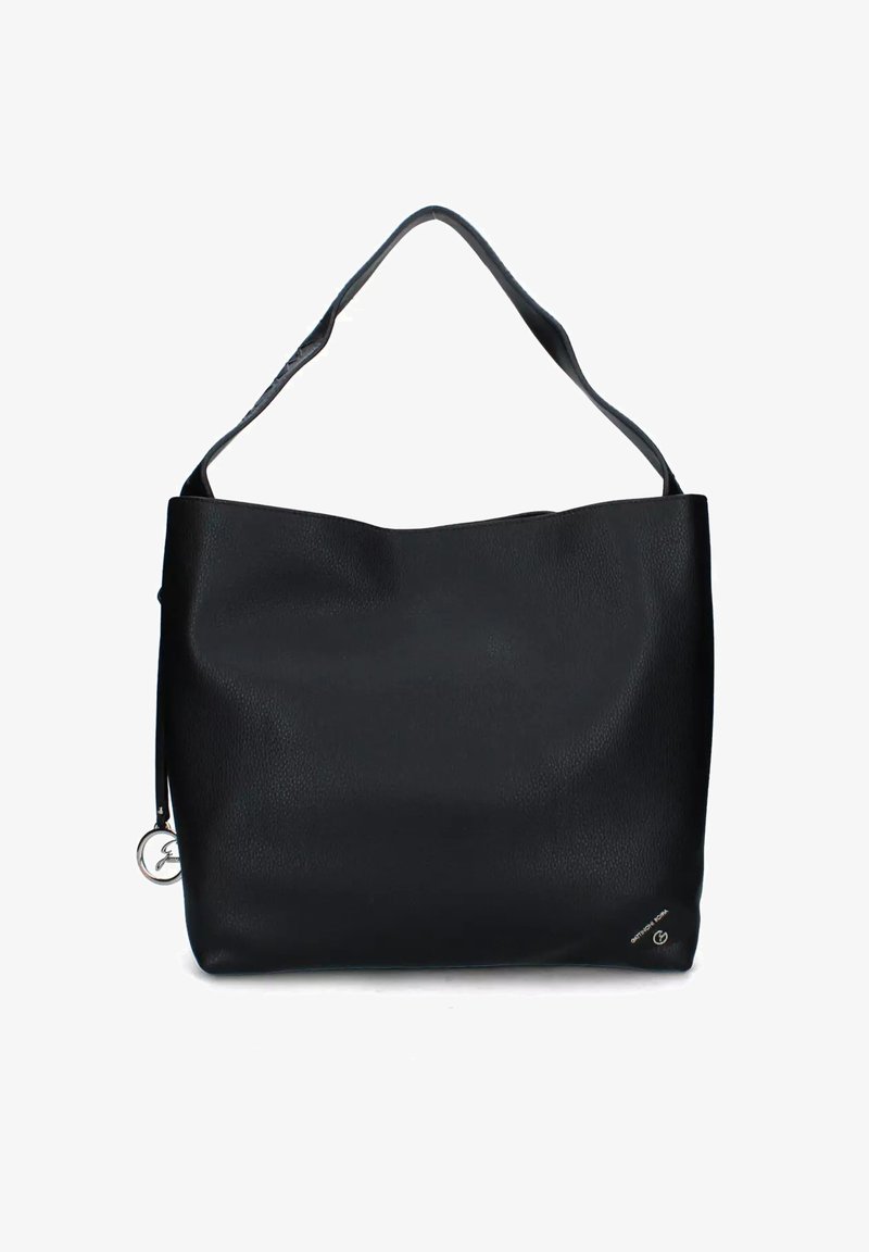 Borsa tote in pelle nera con una consistenza morbida, grande parte superiore aperta e una singola tracolla. Presenta un accento in metallo argentato sul lato.