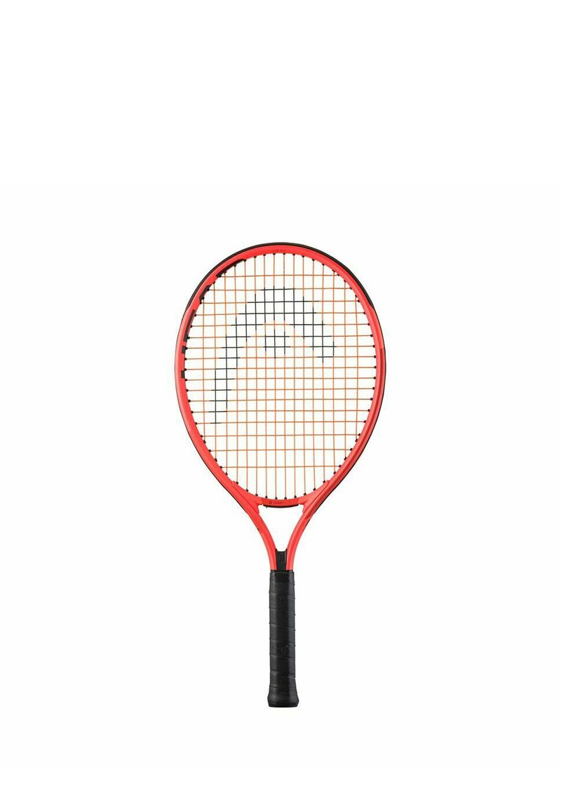 Rode tennisracket met een ronde kop, zwart snaarpatroon en zwarte gestructureerde grip. Kenmerkt zich door een strak, lichtgewicht ontwerp voor optimale prestaties.