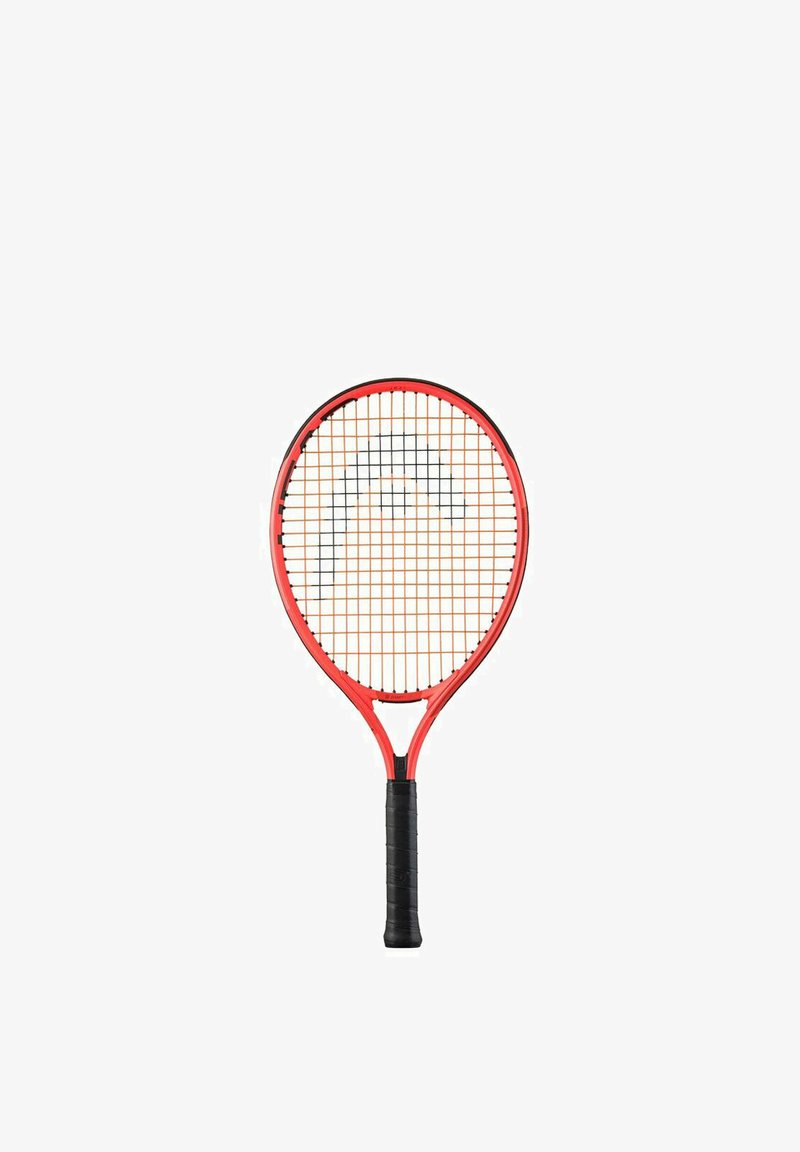 Red tennis racket with a rounded head, black string pattern, and black textured grip. Features a sleek, lightweight design for performance.