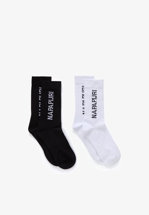 Calze di cotone in nero e bianco. Ogni paio presenta un logo in colore a contrasto. Il nero ha testo bianco; il bianco ha testo nero.