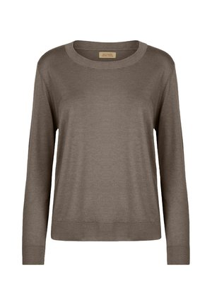 Sweter z długim rękawem i okrągłym dekoltem w kolorze taupe brązowym, z prążkowanymi mankietami i dołem, wykonany z delikatnej dzianiny.