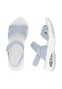 Sandales en tissu tissé bleu clair avec semelles en caoutchouc blanc, dotées de brides ajustables et d'un amorti dans la semelle pour le confort.