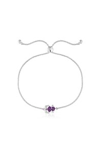 Pulsera ajustable de plata con una cadena texturizada, que presenta dos piedras preciosas moradas como punto focal. Diseño simple y elegante con acentos brillantes.