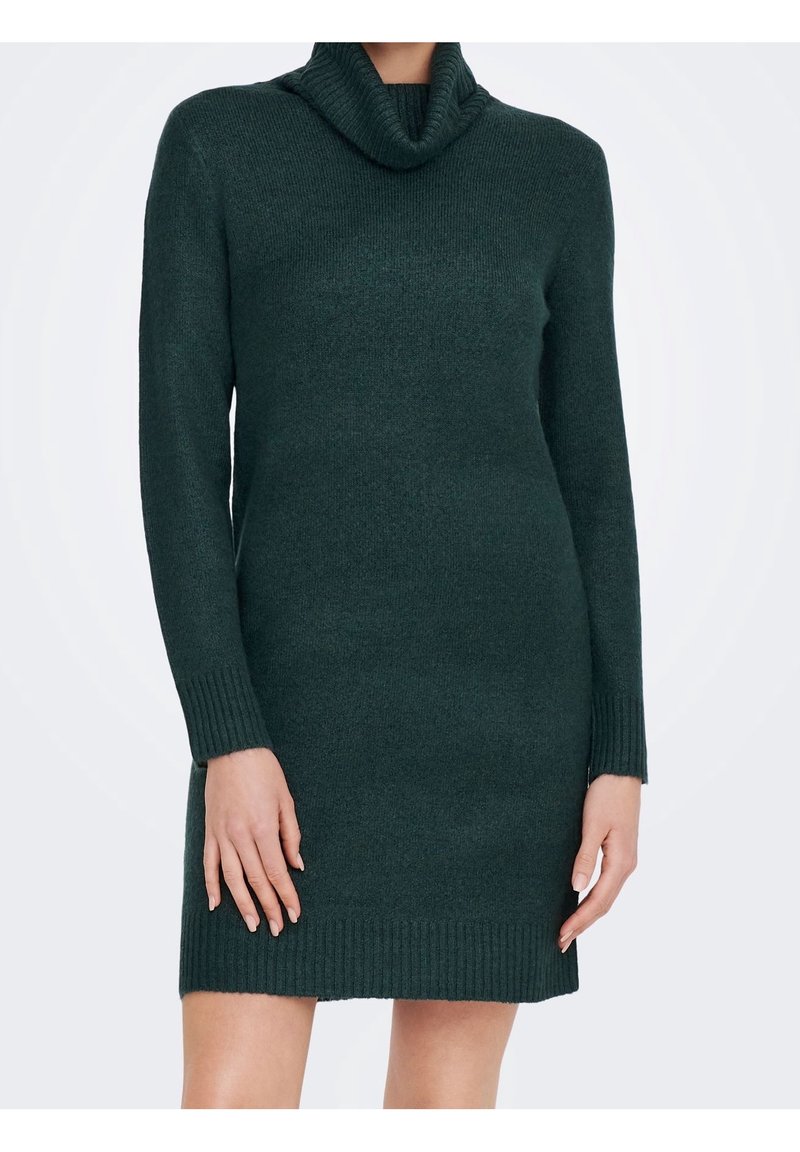 Robe-pull en tricot vert foncé à manches longues avec un col roulé épais et des poignets et un ourlet côtelés, portée par une personne debout.
