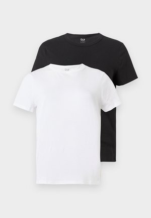 Kaks T-särki: üks valge ja teine must, mõlemad lühikeste varrukatega ja ümmarguse kaelusega, valmistatud puuvillast siledast materjalist.