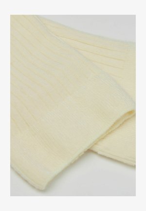 Cremefarbener gerippter Strickstoff mit einer weichen Textur. Verfügt über eine glatte Bündchenkante und einen subtilen Glanz in den Fasern.