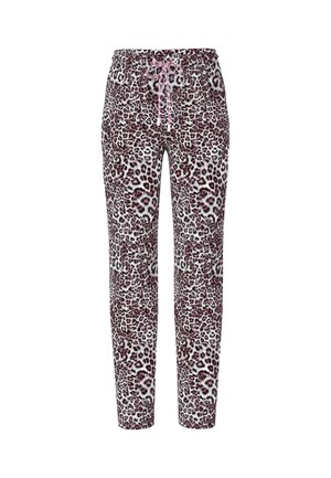 Sweatpants mit Leopardenmuster in Weiß und Burgunderrot, mit einem Kordelzugbund und einem zulaufenden Schnitt. Weicher Stoff mit glatter Textur.
