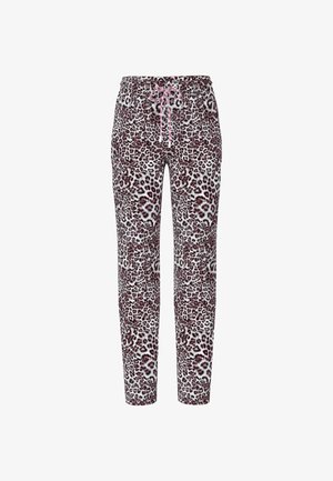 Sweatpants mit Leopardenmuster in Weiß und Burgunderrot, mit einem Kordelzugbund und einem zulaufenden Schnitt. Weicher Stoff mit glatter Textur.