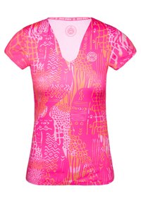 Top rosa a maniche corte con scollo a V, decorato con motivi astratti in varie tonalità di rosa e arancione; tessuto leggero e dalla texture liscia.