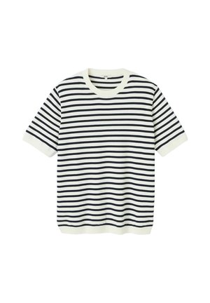 Chemise en tricot à manches courtes avec des rayures horizontales noires et blanches, poignets et ourlet côtelés, et encolure ronde.