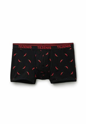 Bóxers negros para hombre con estampado de chile rojo y cintura roja con el nombre de la marca Tezenis repetido alrededor.
