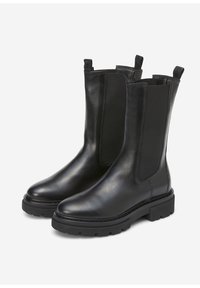 Ein Paar schwarze Leder-Ankle Boots mit elastischen Seitenpaneelen und robusten Gummisohlen, nebeneinander auf einem weißen Hintergrund positioniert.