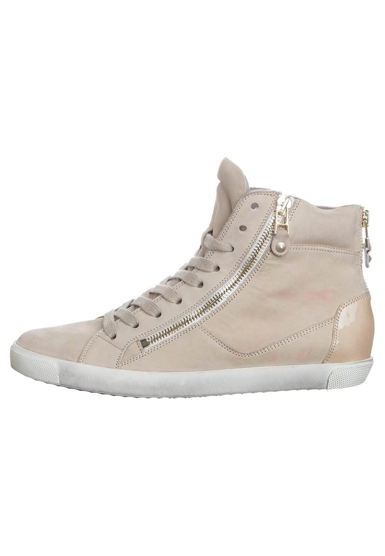 High-top sneakers in beige leather featuring a side zipper, textured surface, and white rubber sole. Laces and metal accents included.