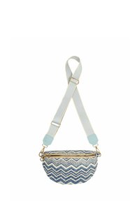 Gewebte Stofftasche mit einem Chevron-Muster in Blau und Creme, goldener Reißverschluss und verstellbarem hellblauem Tragegurt; runde Form.