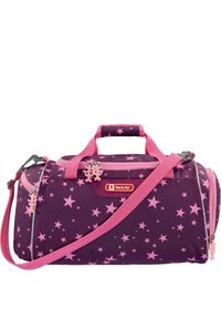 Borsa a tracolla in tessuto viola scuro con motivo di stelle rosa, dettagli rosa, manici doppi, tracolla regolabile e chiusure a cerniera.