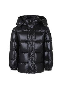 Veste matelassée noire brillante avec capuche, boutons-pression et poignets élastiques pour un ajustement confortable.