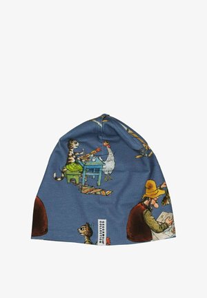 Beanie-hattu, jossa on sininen kangas, jossa on leikillisiä eläinten kuvastoja, mukaan lukien kissa, kana ja maanviljelijä. Pehmeä ja joustava materiaali.