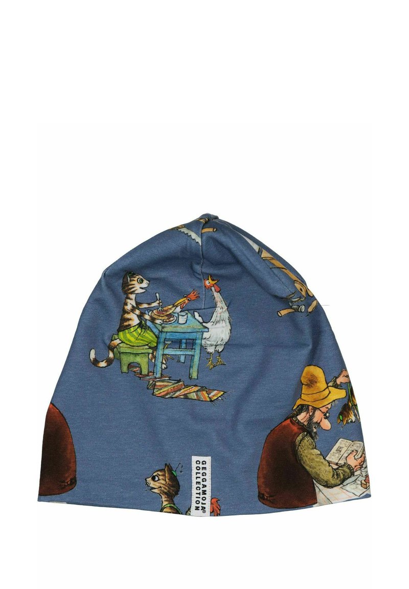 Beanie-hattu, jossa on sininen kangas, jossa on leikillisiä eläinten kuvastoja, mukaan lukien kissa, kana ja maanviljelijä. Pehmeä ja joustava materiaali.