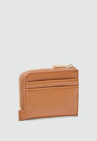 Brown leather wallet with textured surface, featuring multiple card slots and a zippered compartment for coins or small items.