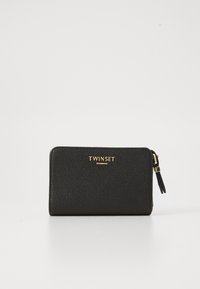 Black leather wallet with a textured finish, featuring gold "TWINSET" branding and a zipper closure with a tassel accent.