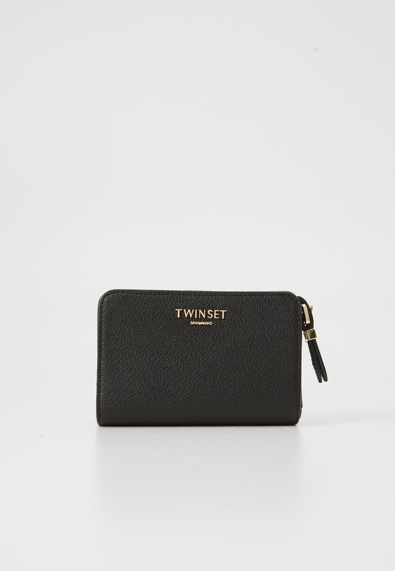 Black leather wallet with a textured finish, featuring gold "TWINSET" branding and a zipper closure with a tassel accent.
