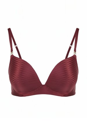 Reggiseno imbottito color bordeaux con texture a coste, coppe triangolari, spalline regolabili e un accento metallico al punto di attacco delle spalline.