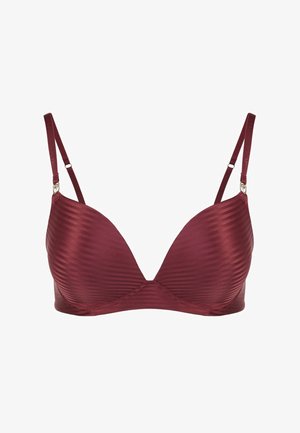 Soutien-gorge rembourré bourgogne avec une texture côtelée, des bonnets triangulaires, des bretelles ajustables et un accent en métal au niveau de l'attache des bretelles.