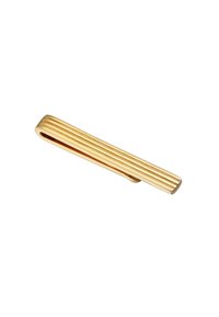 Gouden stropdasclip met een slank, langwerpig ontwerp. Heeft een verticale ribbeltextuur en een gladde, ronde rand.