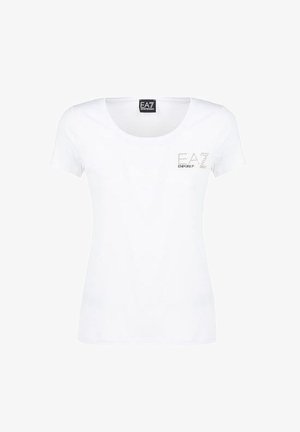 T-shirt bianco a maniche corte in tessuto morbido, con scollatura rotonda e un logo sul lato sinistro del petto in riflessi metallici.