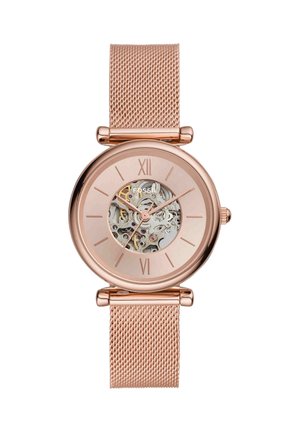 Fossil polshorloge in roségoud met mesh-band, Romeinse cijfers en zichtbare mechanische tandwielen door de centrale wijzerplaat.