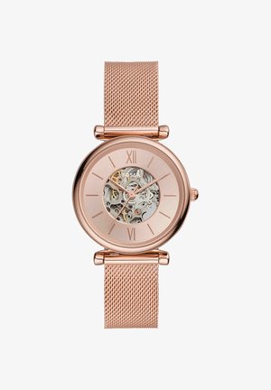 Fossil Armbanduhr in Roségold mit Mesh-Armband, römischen Ziffern und sichtbaren mechanischen Zahnrädern durch das Zifferblatt in der Mitte.