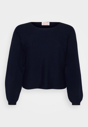 Suéter de punto azul marino con cuello redondo, mangas largas tipo globo y puños acanalados. Textura suave y corte relajado.