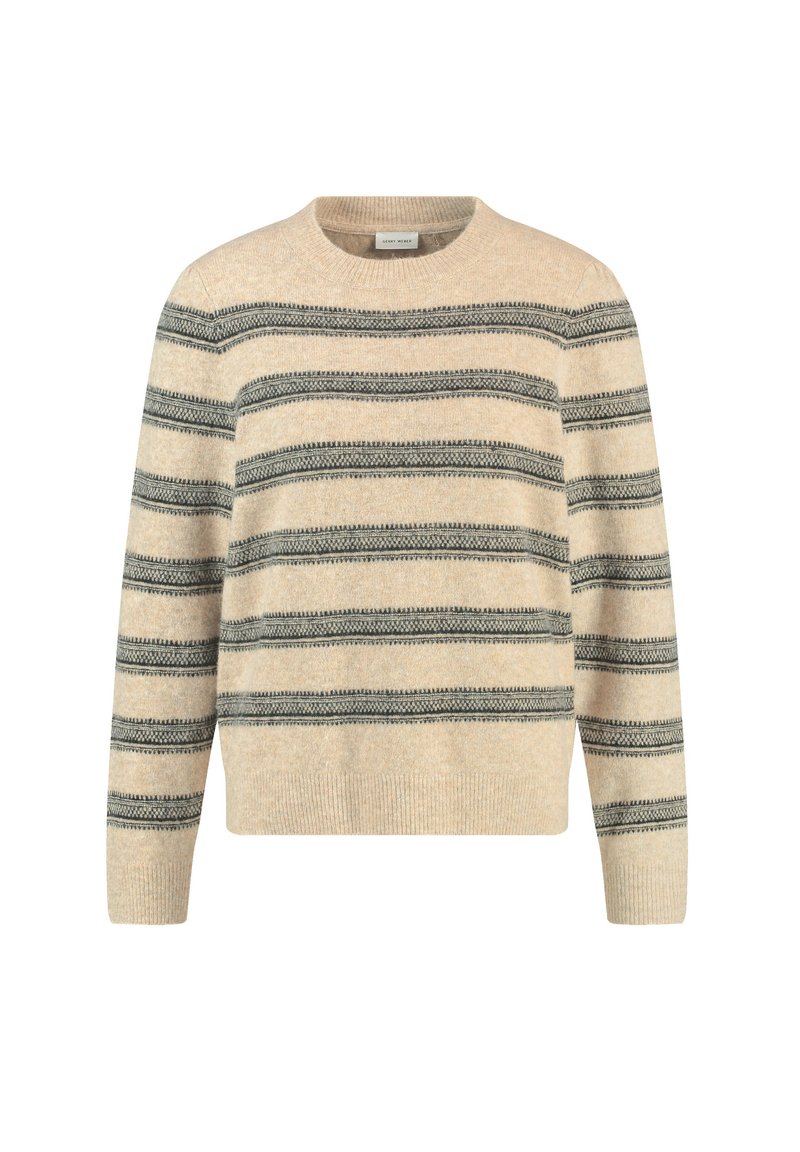 Beige trui met marineblauwe strepen, ronde halslijn, lange mouwen en textuuraccenten. Materiaal lijkt zacht en gebreid. Casual, relaxed fit.