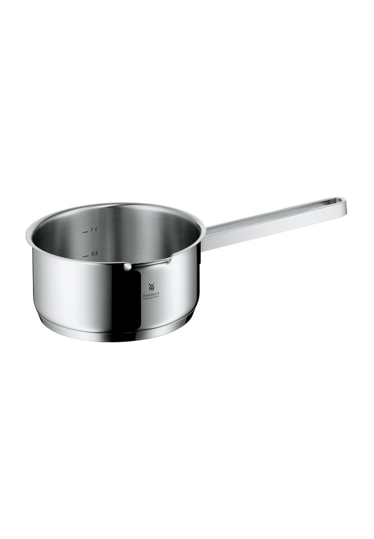 Edelstahl-Topf mit langem Griff, Messmarkierungen im Inneren und einer glatten, polierten Oberfläche. Elegantes, zylindrisches Design.