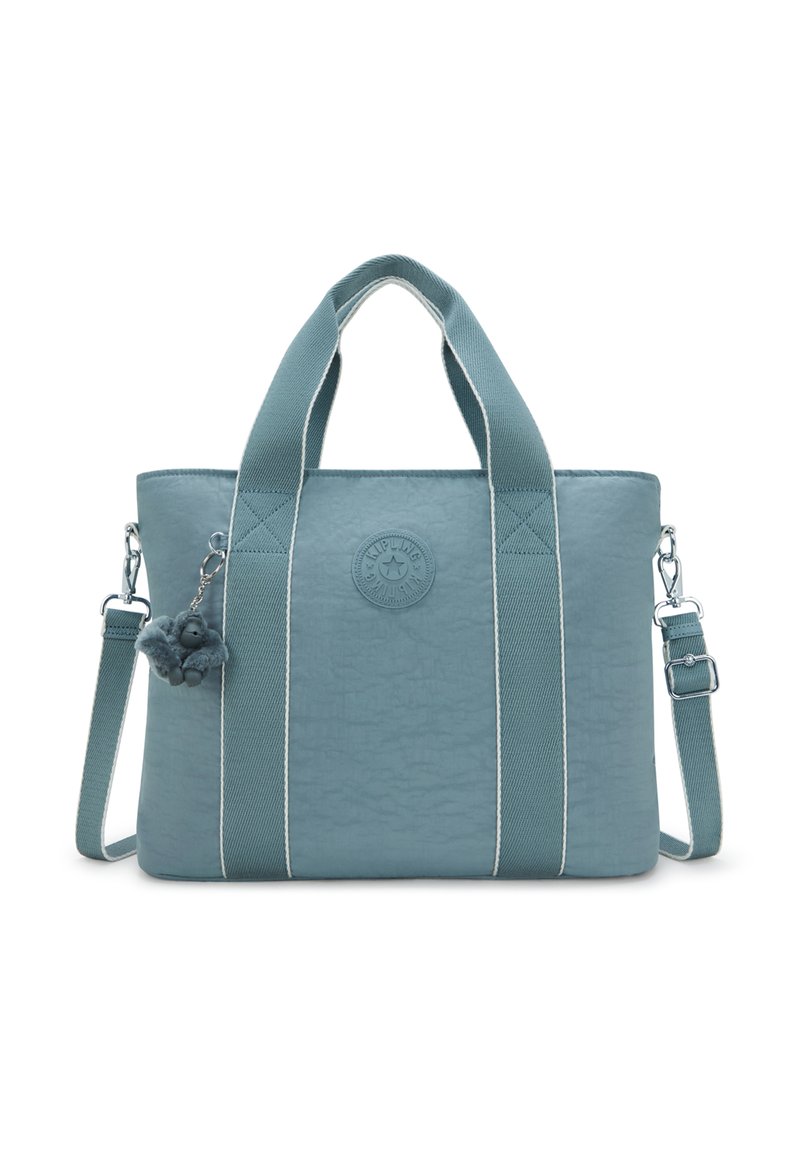 Blue textured tote bag with two sturdy handles, adjustable shoulder strap, and a plush keychain accessory. Features white accent stripes.