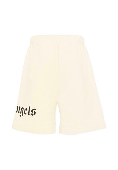 Shorts couleur crème avec une taille élastique et texte gothique noir « angels » sur la partie inférieure de la jambe gauche.