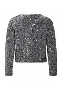 Szara bluzka z długim rękawem ozdobiona cekinami. Ma pudełkowy krój z okrągłym dekoltem, gęsto pokryta błyszczącymi, odblaskowymi cekinami na całej powierzchni.
