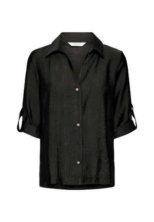 Czarna, krótka koszula z guzikami na przodzie, klasycznym kołnierzykiem i podwiniętymi mankietami. Wykonana z teksturowanej tkaniny w luźnym kroju.