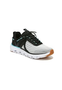 Black and white athletic shoe featuring a textured upper, light blue accents, and a cushioned white outsole with a gum rubber toe cap.
