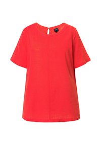 Punainen pellavainen lyhythihainen paita, jossa on pyöreä kaula-aukko, avainaukko takana ja suora helma. Silky texture ja löysä malli.