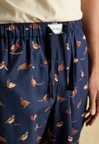 Tumši zili šorti ar atkārtotu dažādu putnu rakstu zemes toņos, ar elastīgu jostasvietu un aukliņu detaļu. Redzama zīmola etiķete.